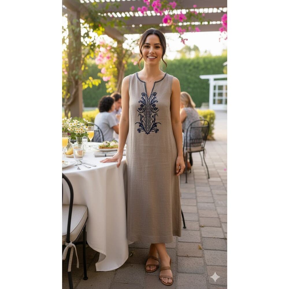 Singrid Olsens Linen blend dress  Sz S NWTBust 38"Leng 49.5 Navy embroidery